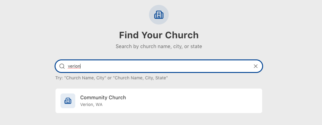 Church selection screen