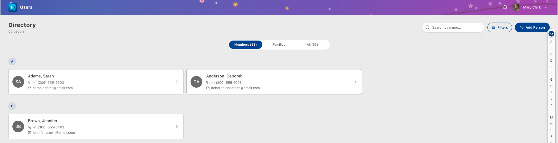 Directory list with alphabetical sidebar
