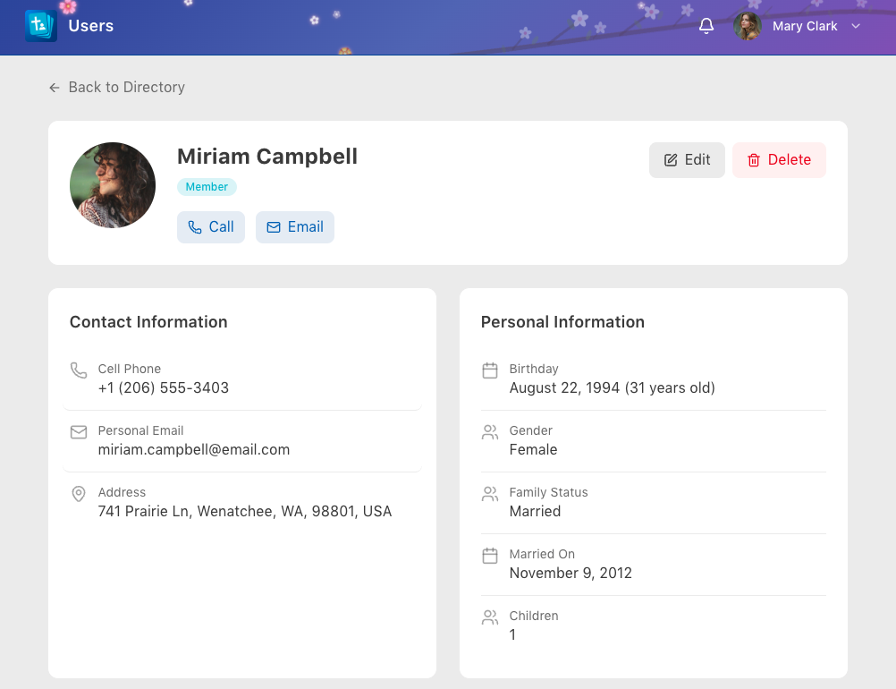 Member profile page