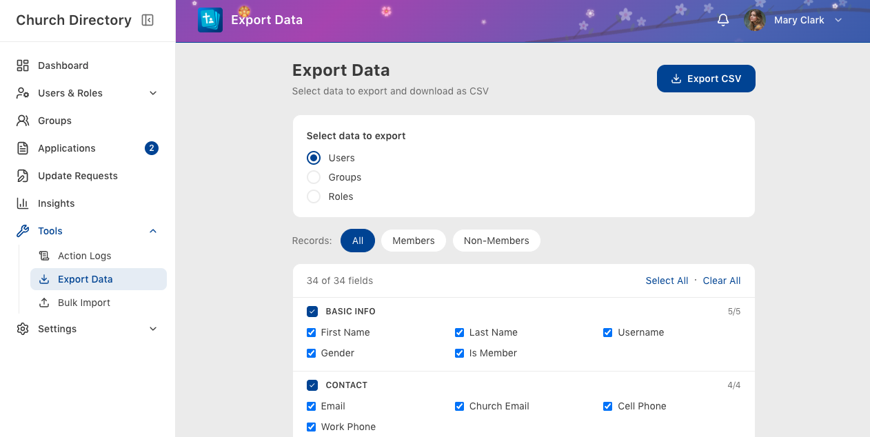 Export button with filter active