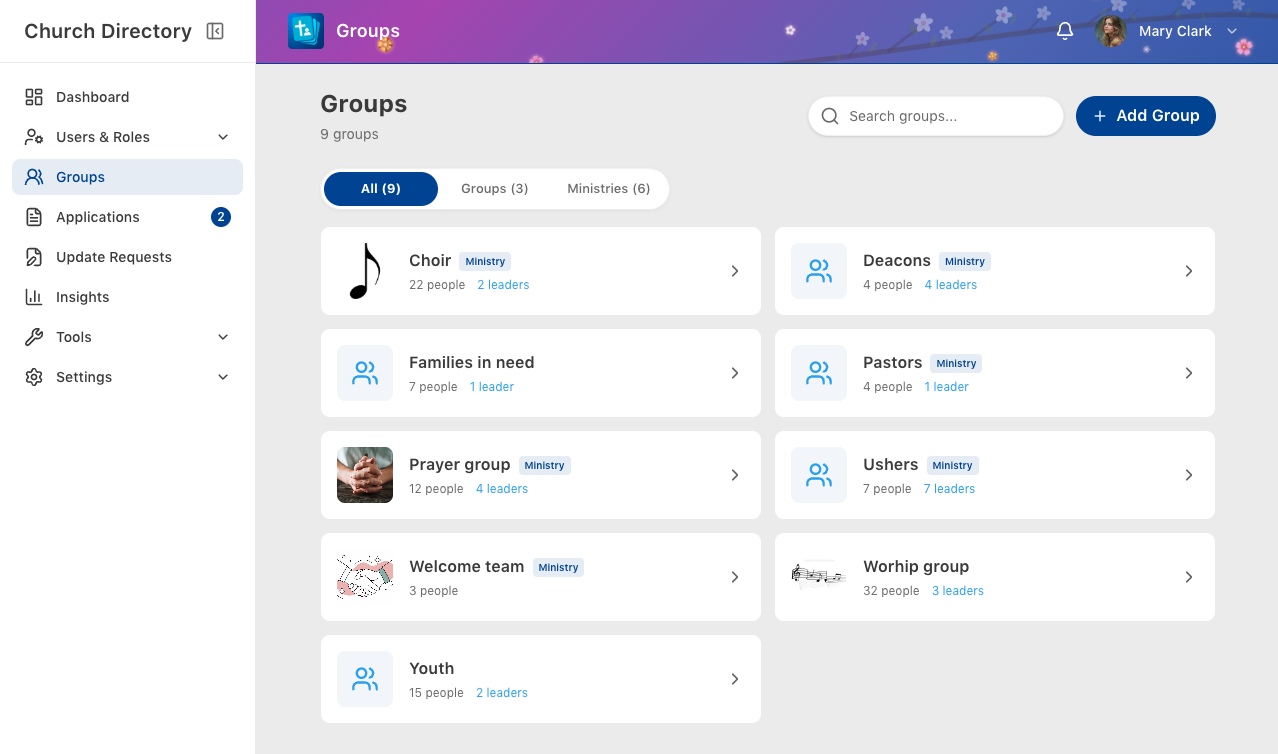 Groups list with filters