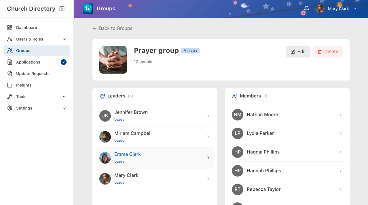 Group details with leaders and members