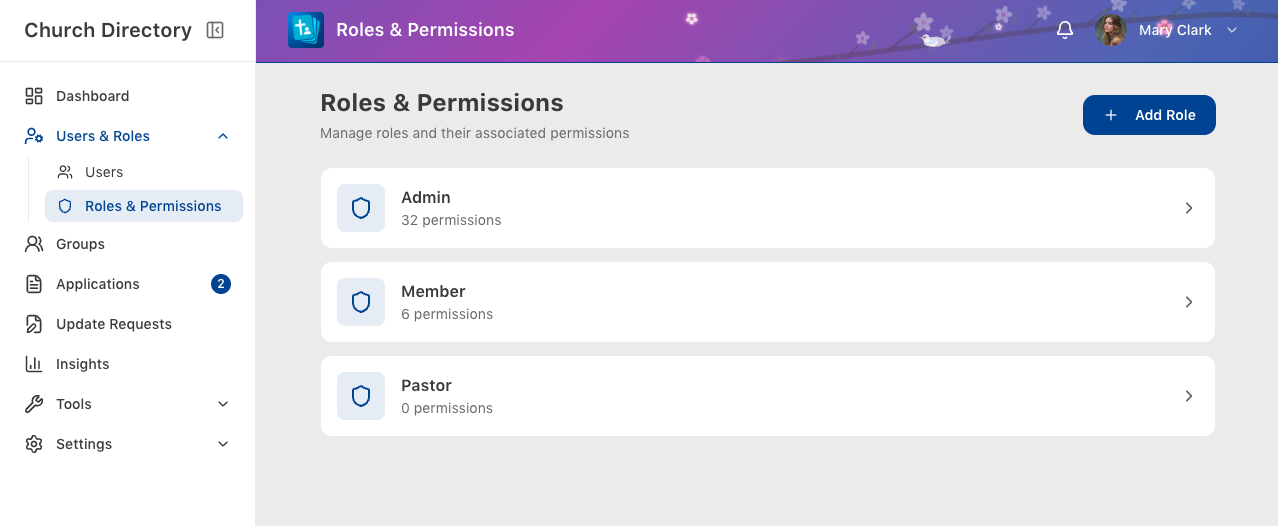 Roles management screen