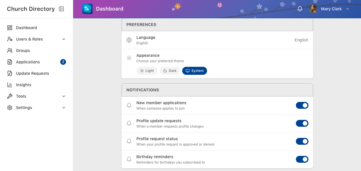 Notification settings screen