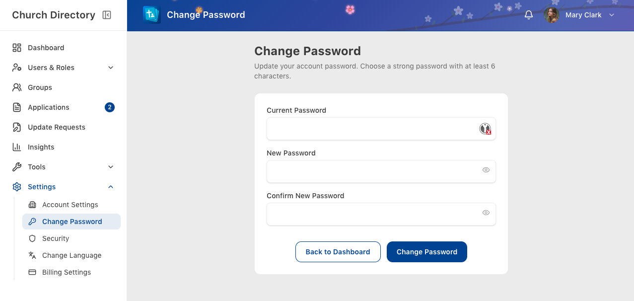 Change password screen